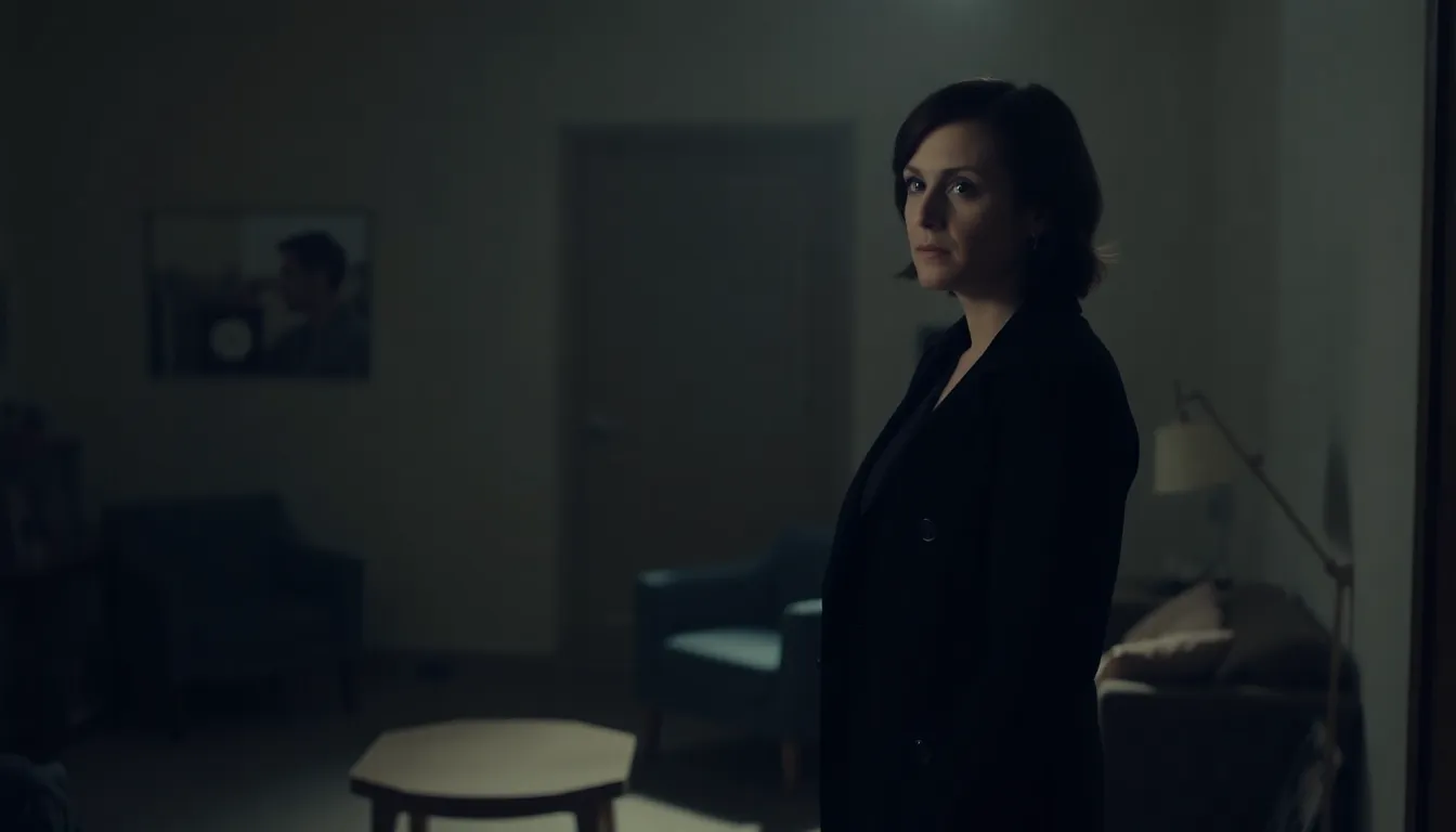 Suranne Jones, in character as Dr. Gemma Foster, stands in a dimly lit room, reflecting a mix of determination and vulnerability as she prepares for the challenges ahead in the final season of Doctor Foster.