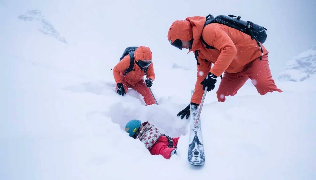 Rescue teams work diligently to extract a skier buried in deep snow after an avalanche in the Rocky Mountains, with snow still falling around them.