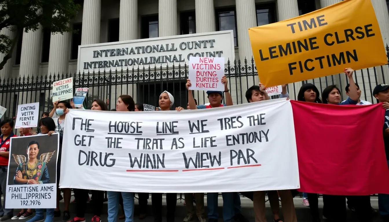 Protesters gather outside the International Criminal Court holding banners demanding justice for victims of the Philippines' drug war during a hearing focused on former President Duterte's alleged involvement in extrajudicial killings.