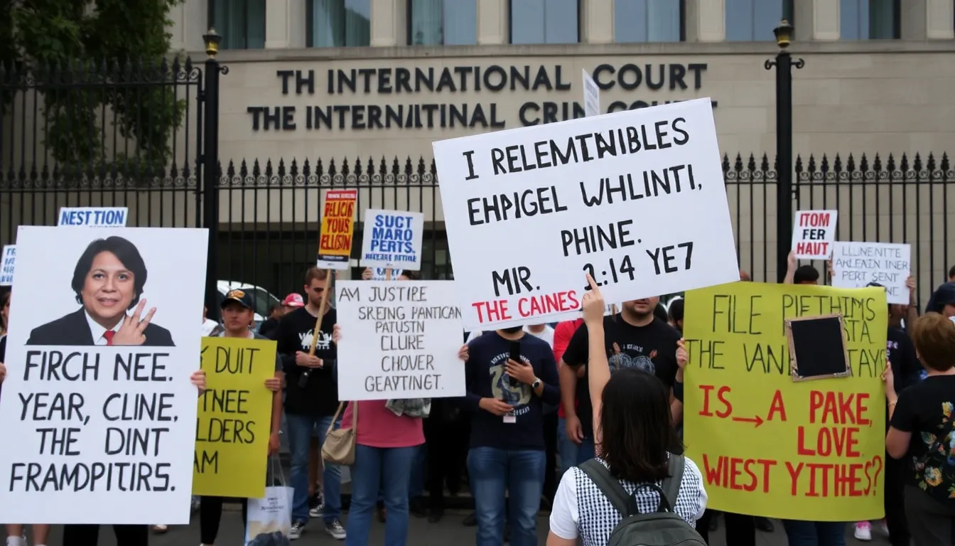 A gathering of activists holding signs demanding justice for victims of the drug crackdowns in the Philippines