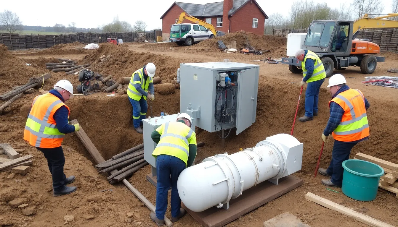 Workers are seen installing geothermal energy equipment at a construction site in the UK, aimed at providing sustainable heating for thousands of homes.