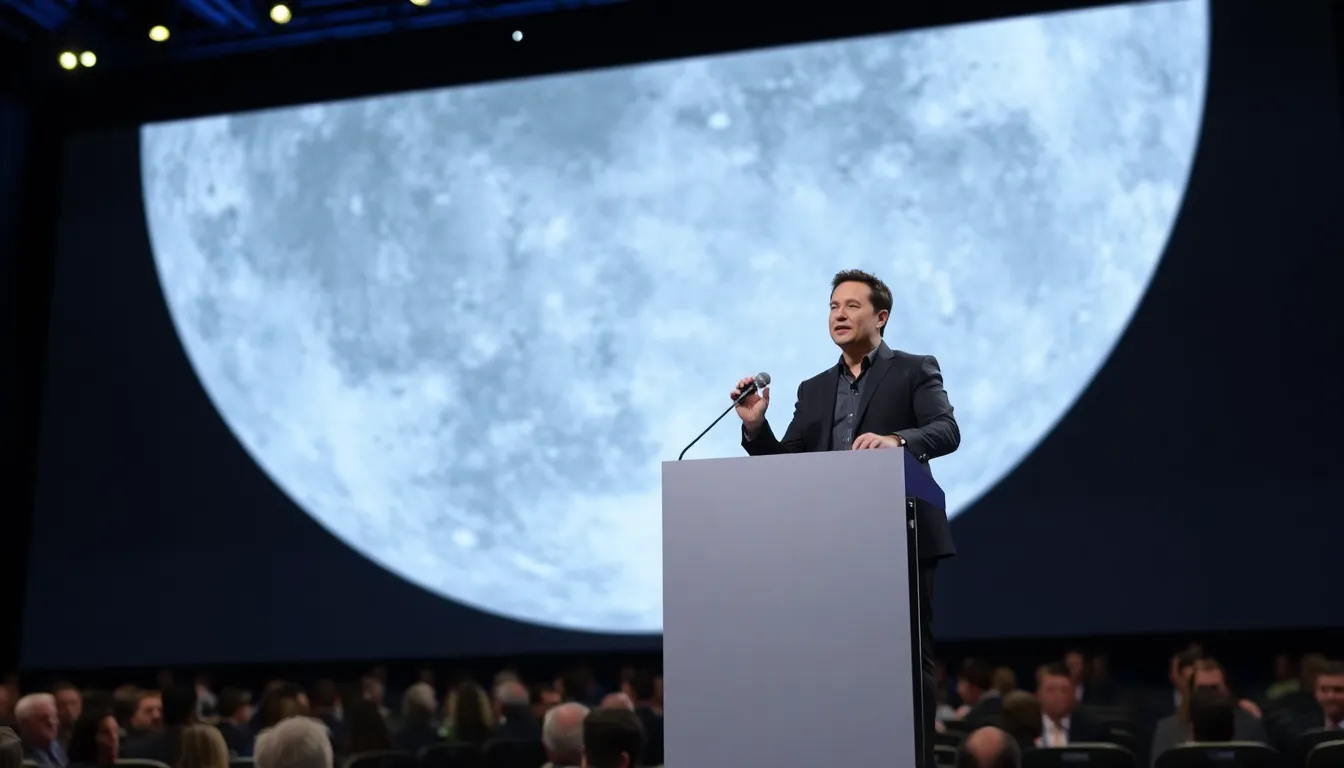 Elon Musk stands at a podium during a press conference, outlining his plans for a lunar satellite manufacturing facility while a backdrop of a lunar landscape is projected behind him.