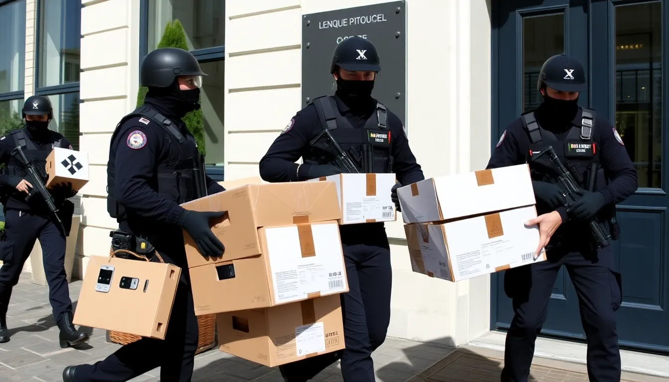 Law enforcement officials carry boxes of seized electronic devices and documents from the French headquarters of X during a raid by the Paris cybercrime unit.