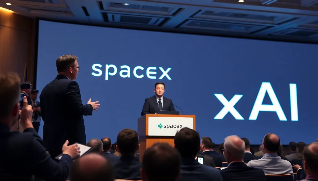 Elon Musk stands at a podium announcing the merger of SpaceX and xAI, surrounded by reporters and industry experts in a packed conference room.