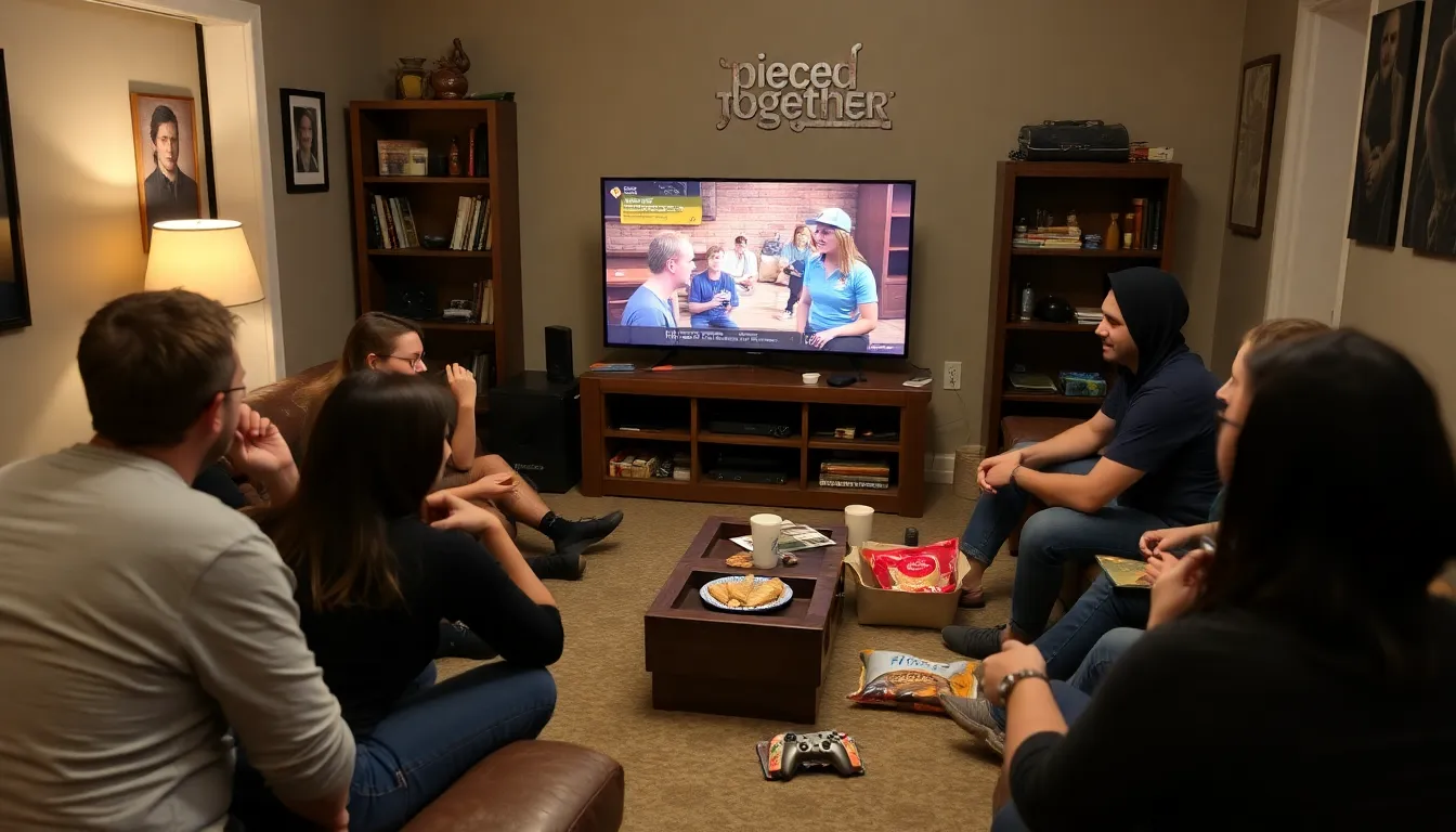 A group of gamers gathers around a television, intently watching a gameplay demonstration of the narrative game Pieced Together, which explores the intricacies of friendship through interactive storytelling.