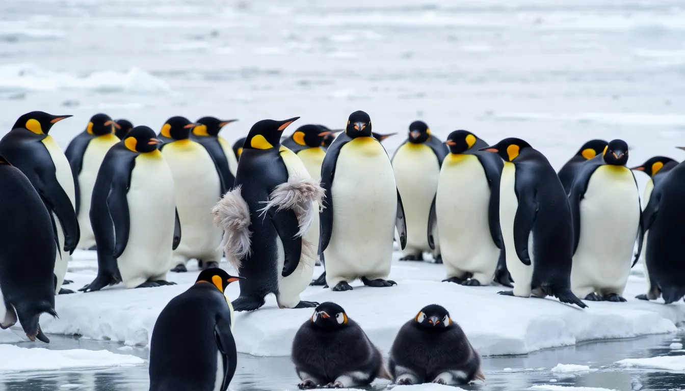 A group of Emperor penguins stands on a patch of ice, some beginning to shed their old feathers as they prepare for their annual moult amidst a backdrop of melting sea ice.