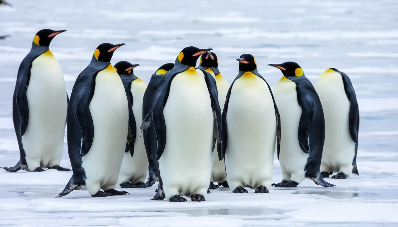 An adult Emperor penguin undergoing its annual moult, shedding old feathers while surrounded by icy landscapes characteristic of the Antarctic winter