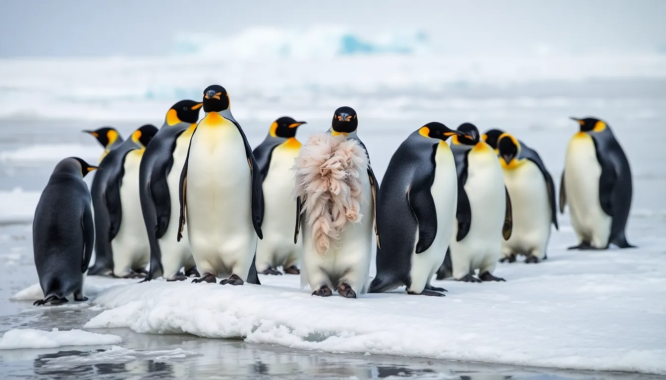 Researchers analyzing satellite data in a lab, focusing on alarming trends related to Emperor penguin populations and their breeding success rates