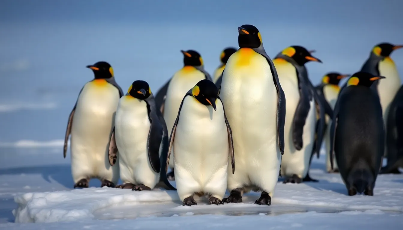 A group of Emperor penguins stands on a patch of melting ice in Antarctica, some appearing to struggle with their moult as they face harsh weather conditions.