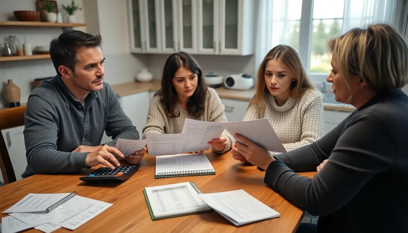 A family sits at a kitchen table, reviewing their rising energy bills with concerned expressions as a calculator and a notepad filled with expenses are visible in front of them.