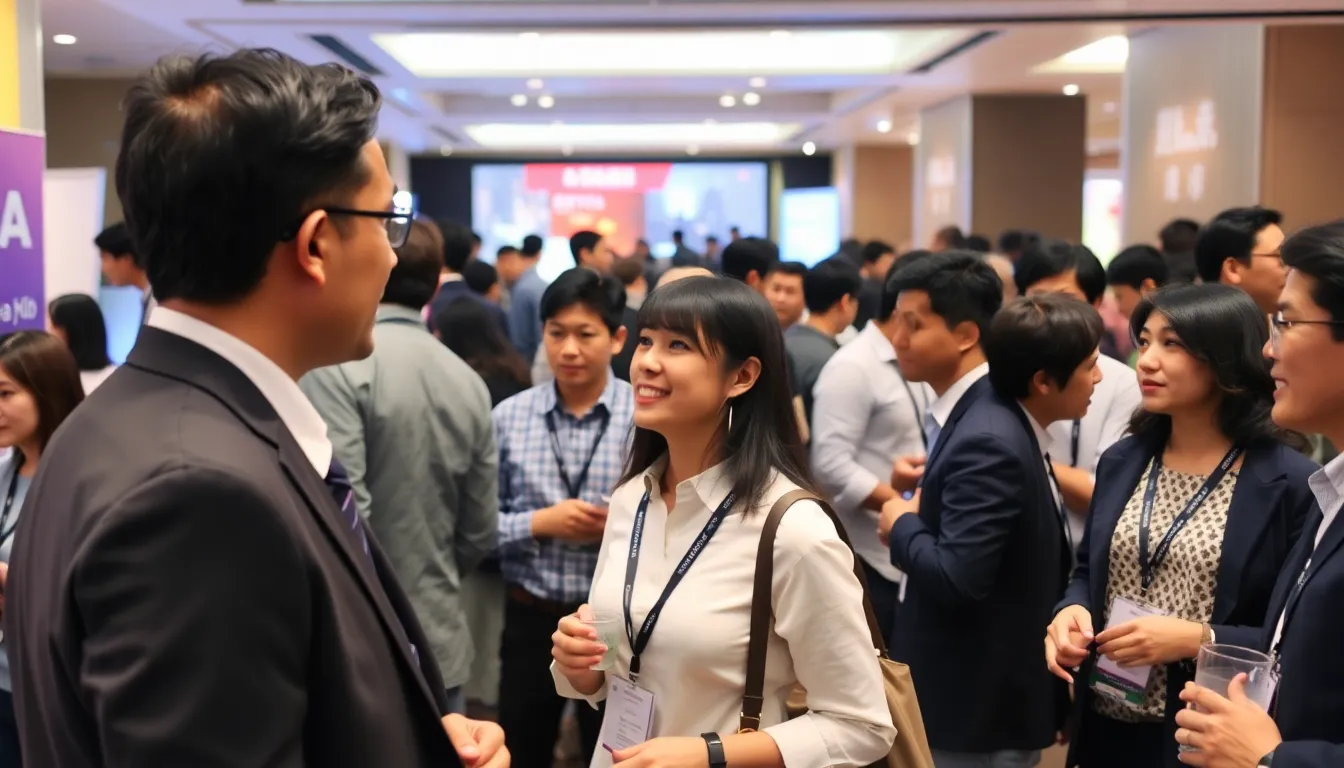 A man in a business suit engages in conversation with local entrepreneurs at a networking event in Tokyo, symbolizing his efforts to rebuild his career in Japan after a controversial past.