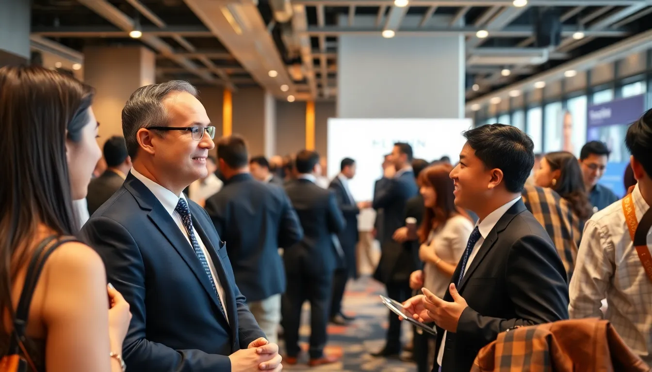 A group of local entrepreneurs networking at a conference focused on fostering international ties and navigating reputational challenges