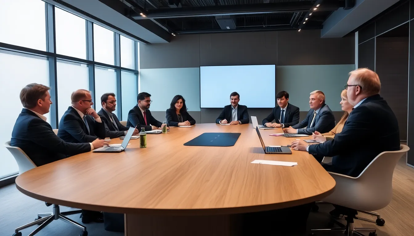 A group of EU regulators is gathered around a conference table, discussing the implications of deepfake technology and its regulation in light of recent concerns about online harassment and misinformation.