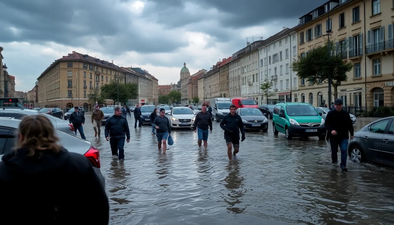 Residents navigate flooded streets in a European city as heavy rainfall continues to disrupt daily life and prompt evacuation warnings.