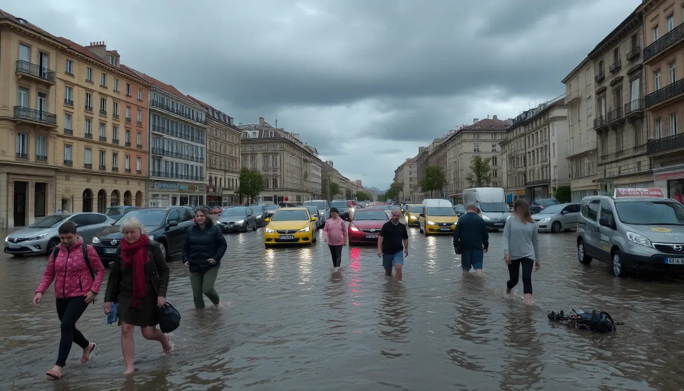 Emergency services responding to a flood emergency, providing assistance to affected families in a local neighborhood