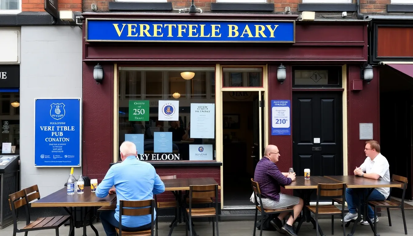 A group of patrons sits outside a local pub, visibly empty, as they glance at a nearby closed entrance, reflecting the decline in business due to Everton's move from Goodison Park.