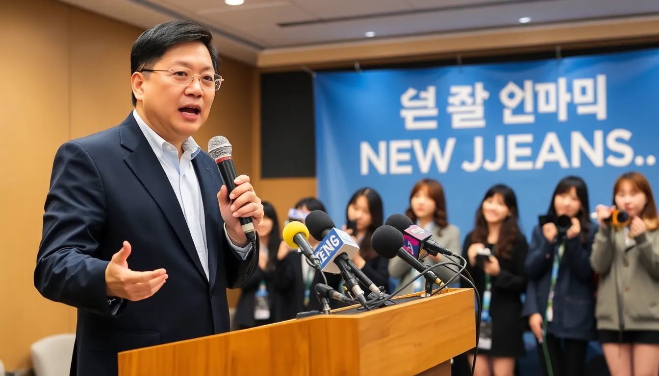 A former Kpop executive speaks passionately at a press conference, advocating for the unity of the girl group NewJeans while addressing concerns about their future.