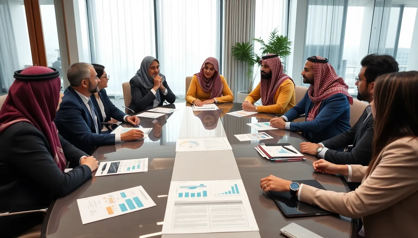 A group of business professionals discusses investment opportunities in a modern conference room, highlighting Saudi Arabia's recent regulatory changes aimed at attracting foreign companies.