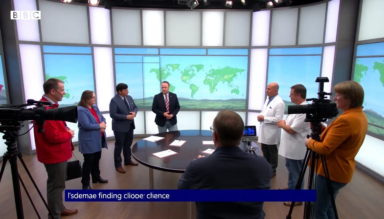 A group of scientists discusses recent findings on climate change during a live broadcast of BBC Inside Science.