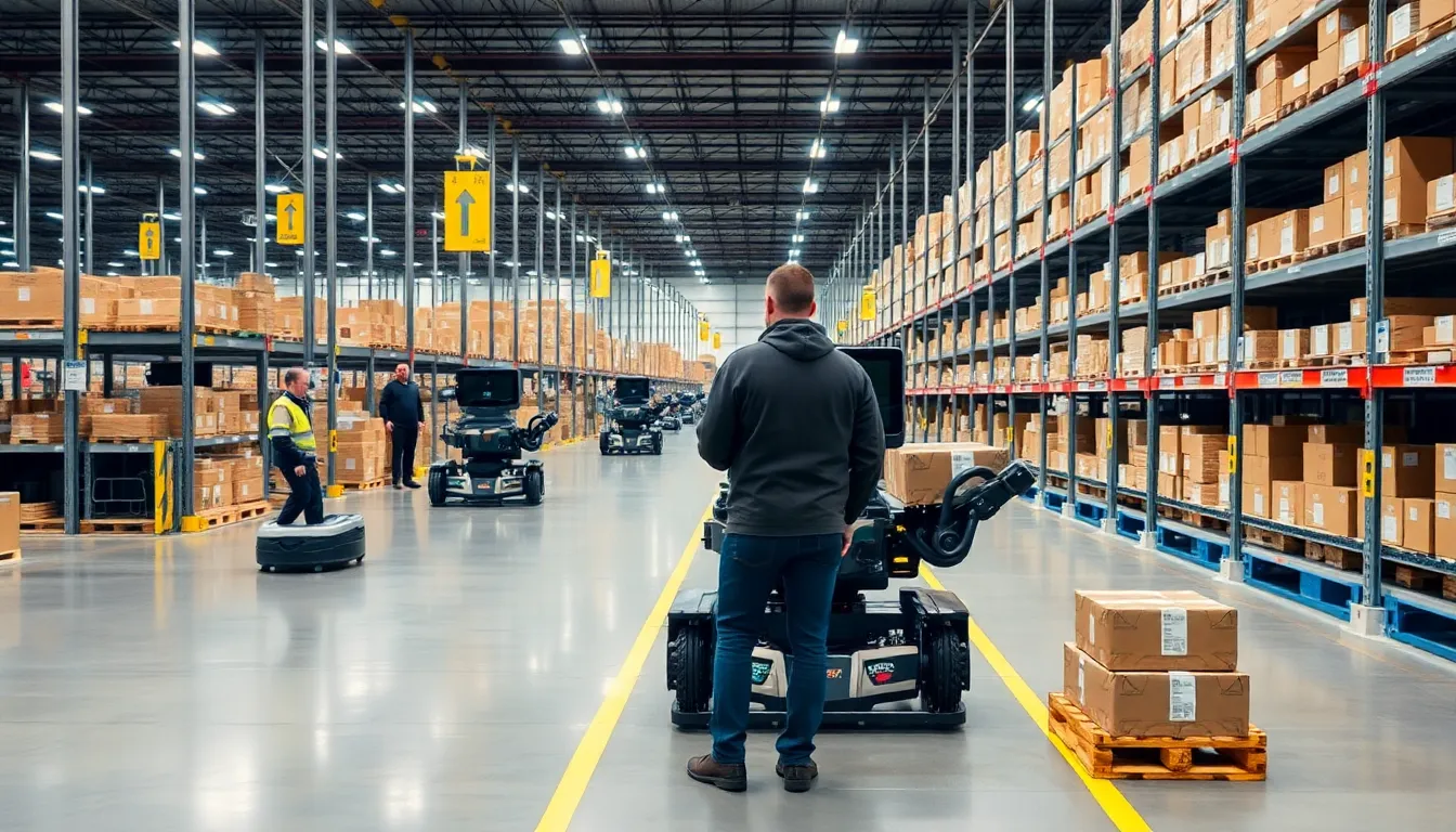 Robotic systems navigate through an Amazon warehouse, efficiently transporting goods while human workers oversee the operations in the background.