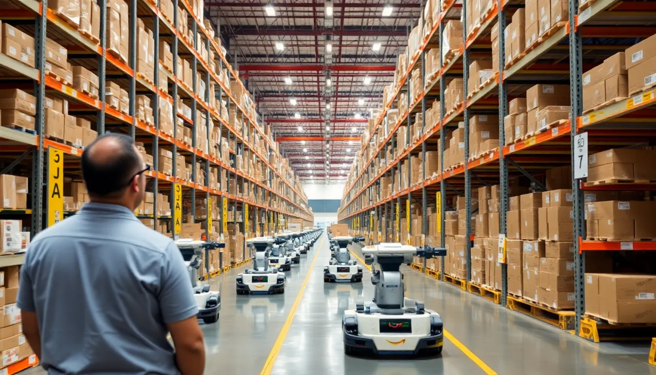 A busy Amazon fulfillment center highlighting the integration of robotics and advanced technology to streamline order processing and delivery