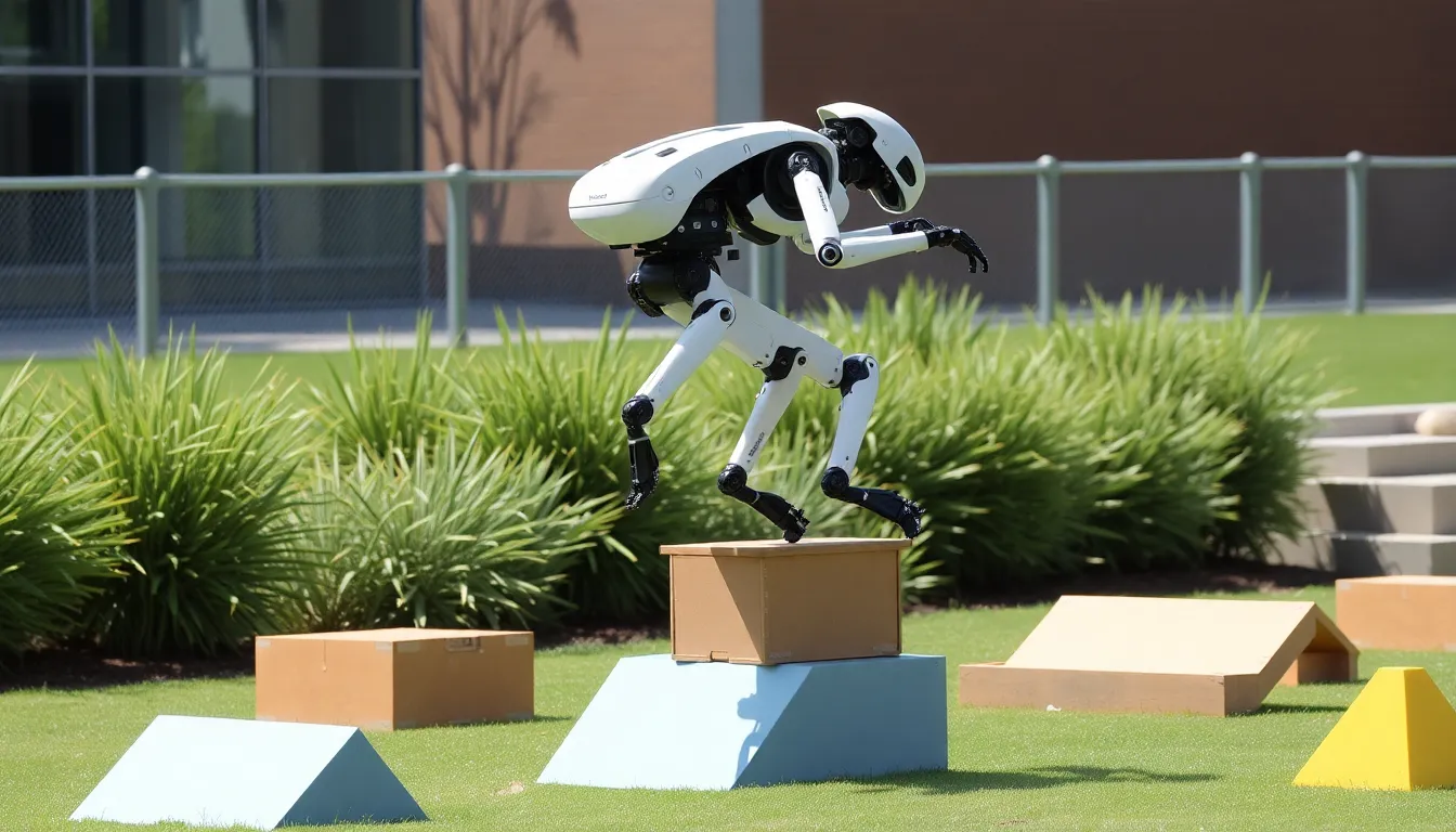 A Boston Dynamics robot performs an impressive parkour maneuver over obstacles during a demonstration of its advanced agility and balance.