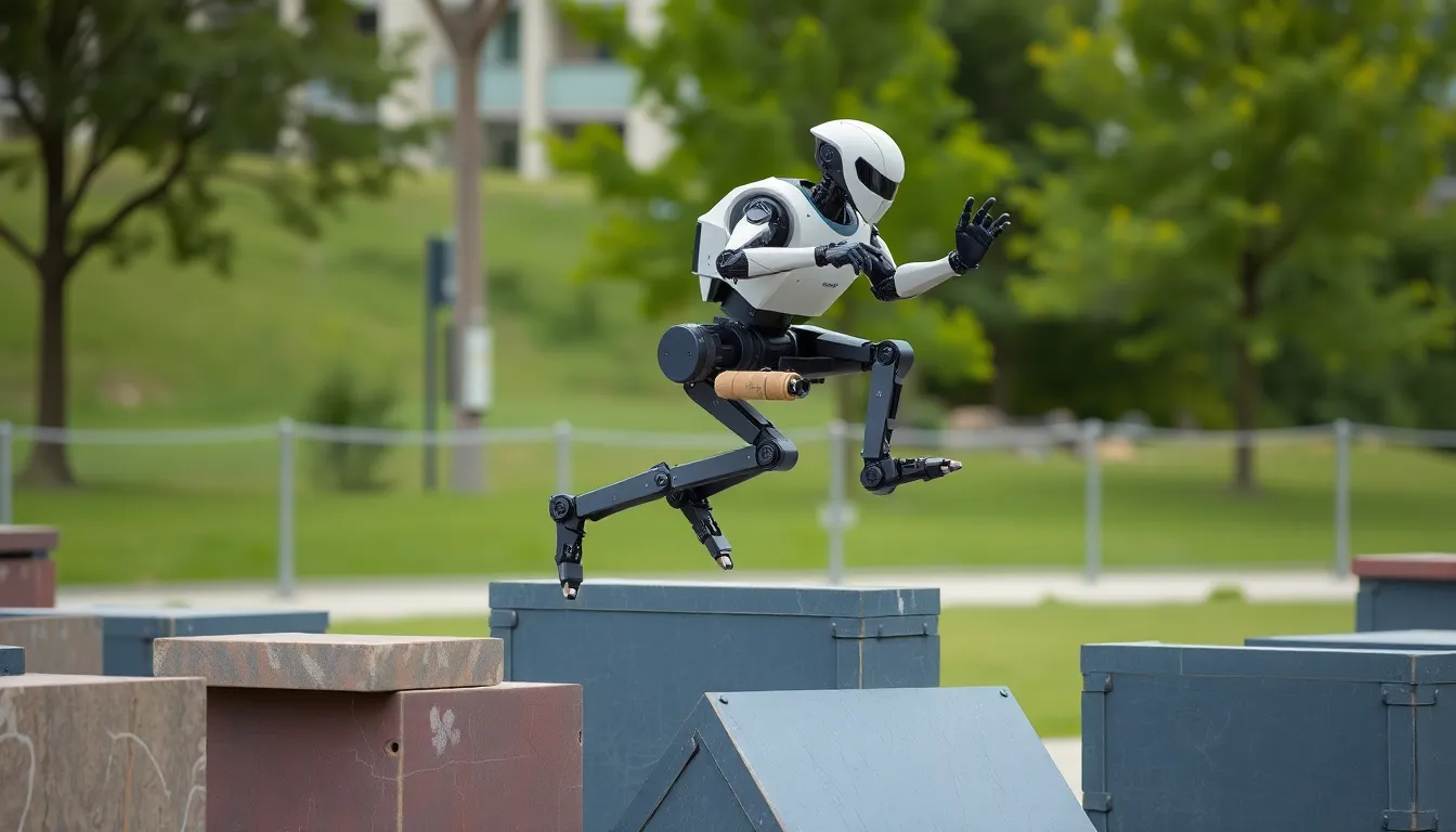 An artistic installation at a robotics art exhibition, where robots are creatively designed to blend technology and aesthetics