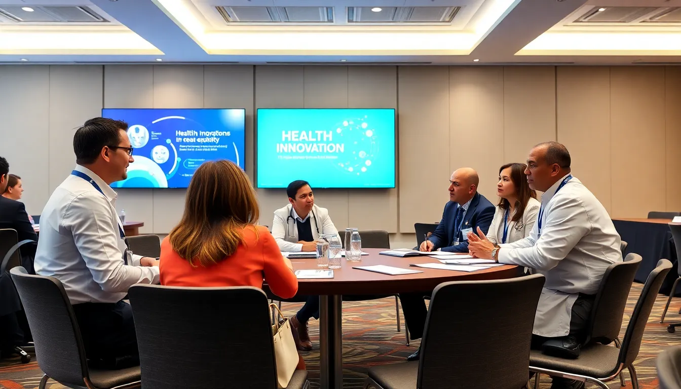 A group of healthcare professionals discusses the impact of recent policy changes on patient care during a conference focused on health innovations.