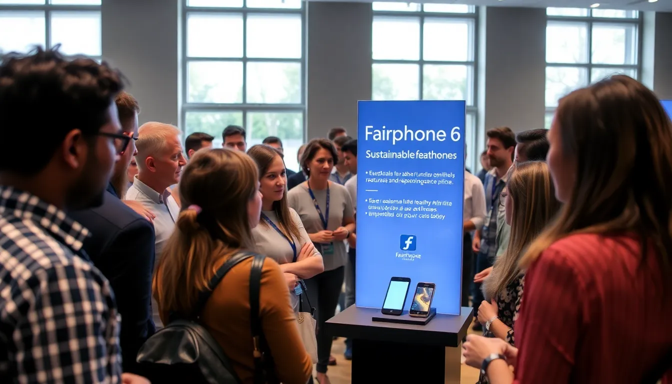 A group of people gathers around a display showcasing the Fairphone 6 at its launch event, discussing its sustainable features and repairability.