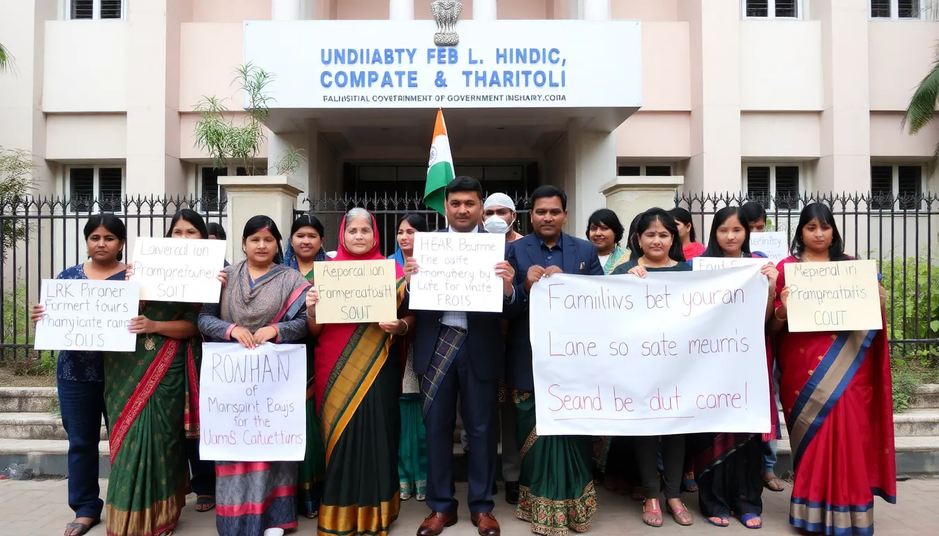 A group of protesters demonstrating outside a government building, calling for action and transparency regarding the safety of the crew members