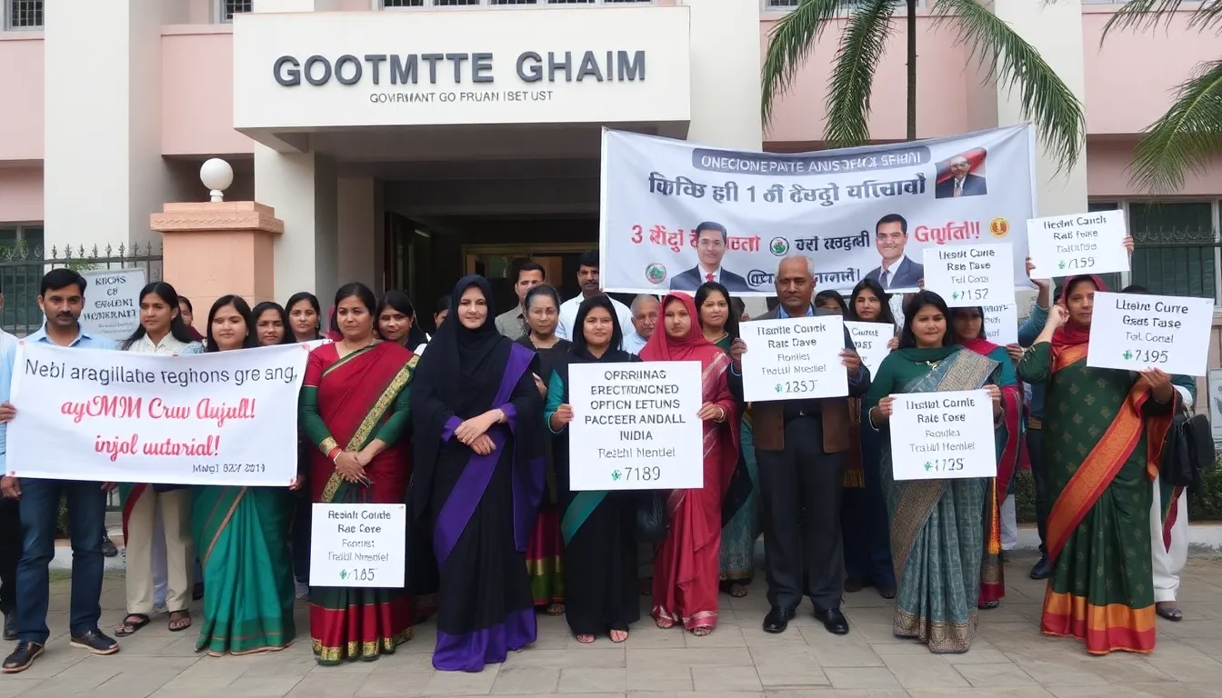 Families of crew members gather outside a government building in India, holding banners and signs demanding the safe return of their loved ones who were seized by Iranian authorities.