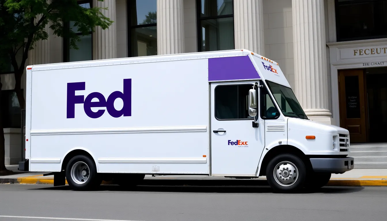 A FedEx delivery truck is parked outside a federal courthouse as the company files a lawsuit seeking a refund for tariffs imposed during the Trump administration.