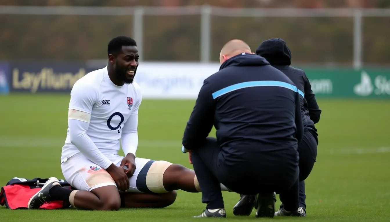 FeyiWaboso is seen on the training field, grimacing in pain as medical staff assess his injury just days before England's Six Nations match against Wales.