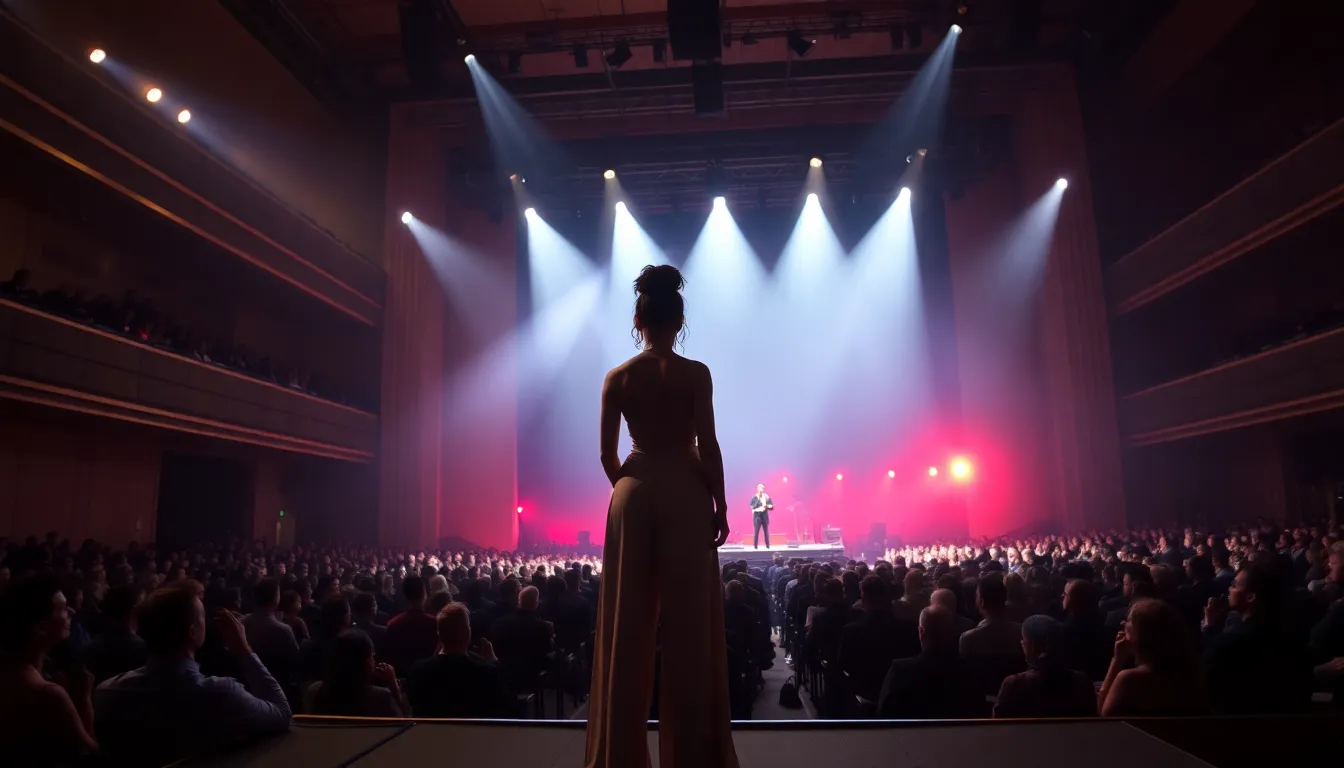 FKA Twigs stands confidently on stage during a rehearsal, surrounded by vibrant lights and a captivated audience, as she prepares for her upcoming Grammy performance.