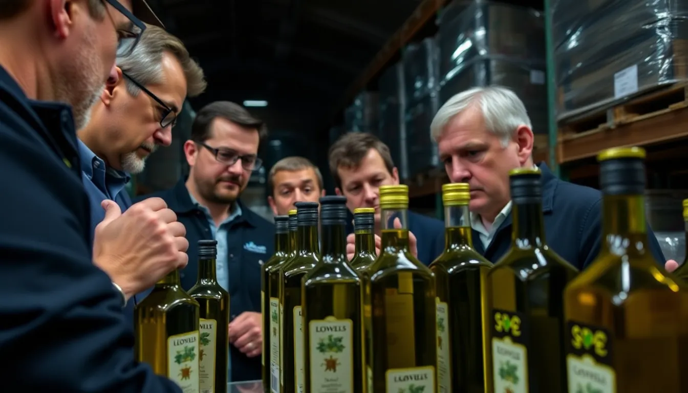 A group of investigators examines bottles of olive oil in a warehouse, highlighting concerns over counterfeit products labeled as highquality extra virgin.