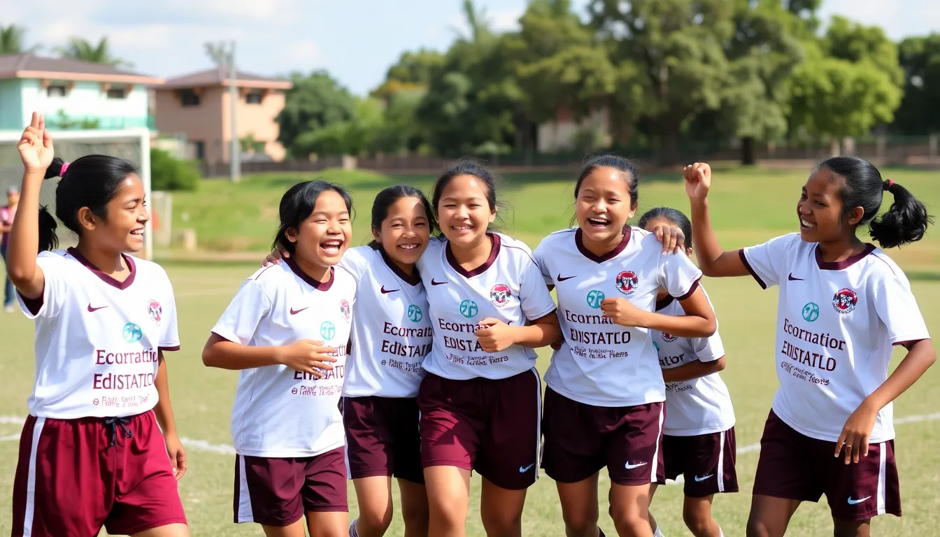 Girls in football uniforms celebrate a goal during a community tournament aimed at raising awareness about the importance of education and personal autonomy in the fight against forced marriage.