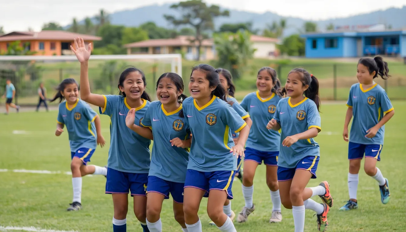 Coaches and mentors engaging with girls during a football training session, fostering leadership skills and a sense of community among the participants