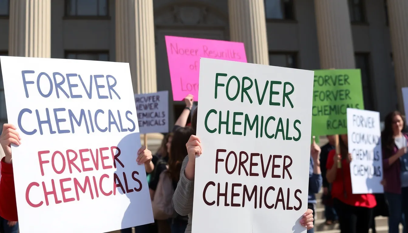 A group of activists holds signs demanding stricter regulations on forever chemicals during a rally outside a government building.