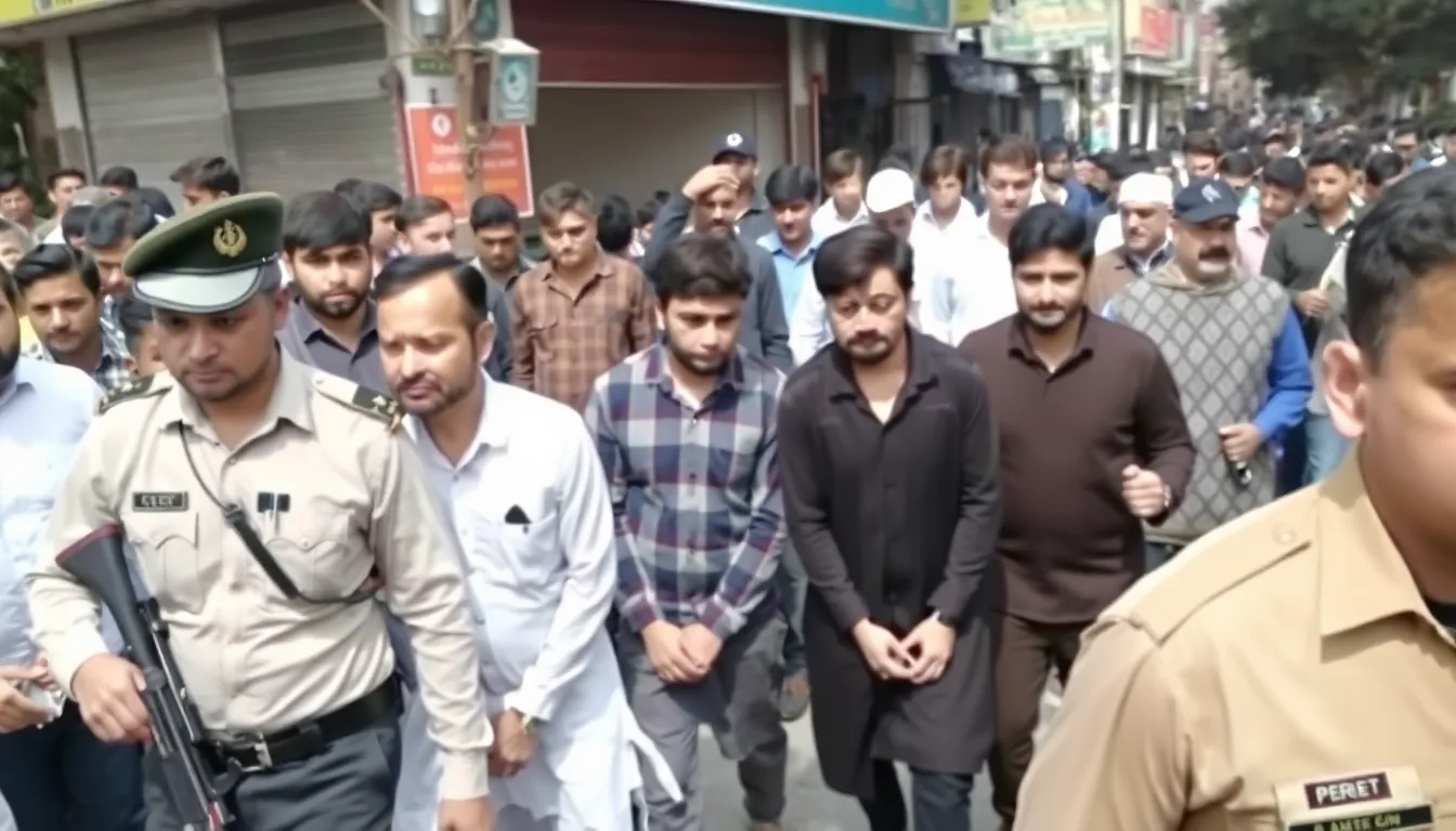 Law enforcement officials escort four suspects, believed to be connected to the recent mosque blast in Peshawar, as they are taken into custody amid heightened security measures.
