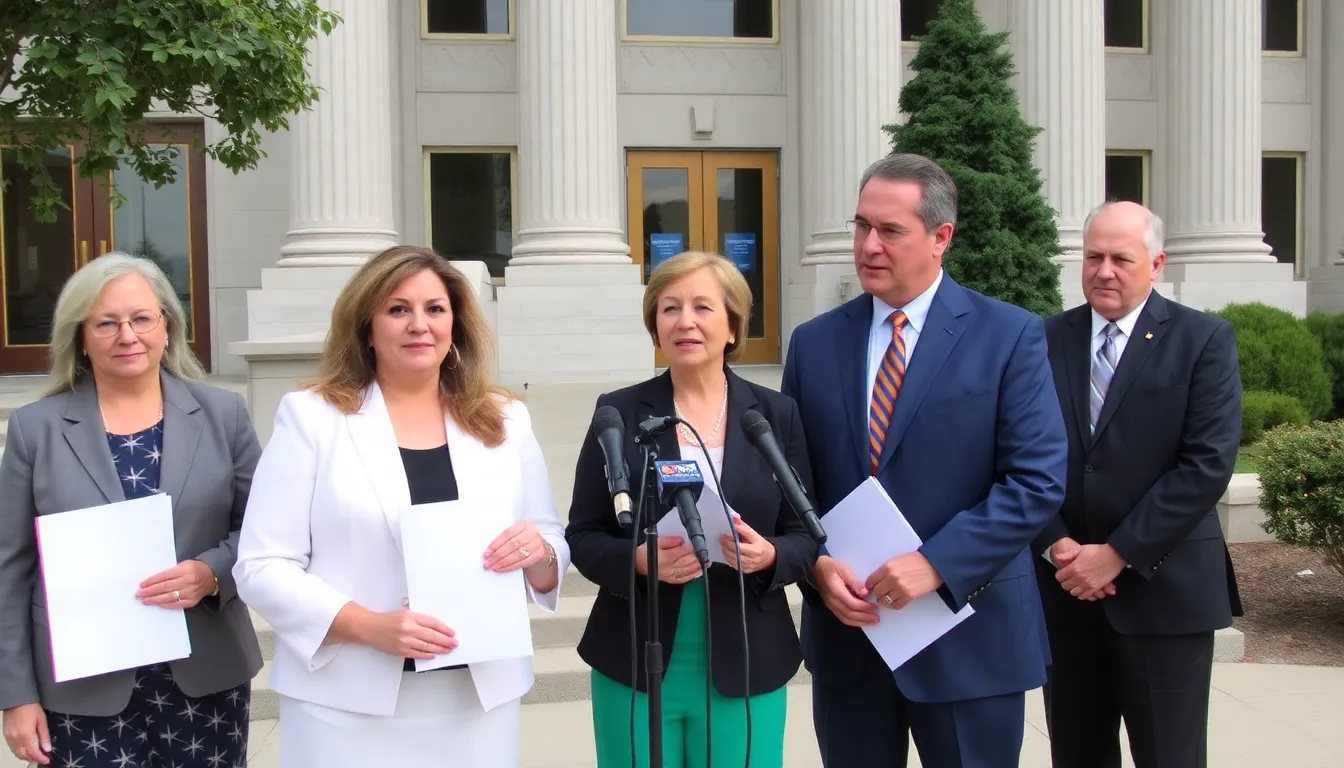 State officials discussing the impact of funding cuts during a press conference, highlighting the urgency of the situation