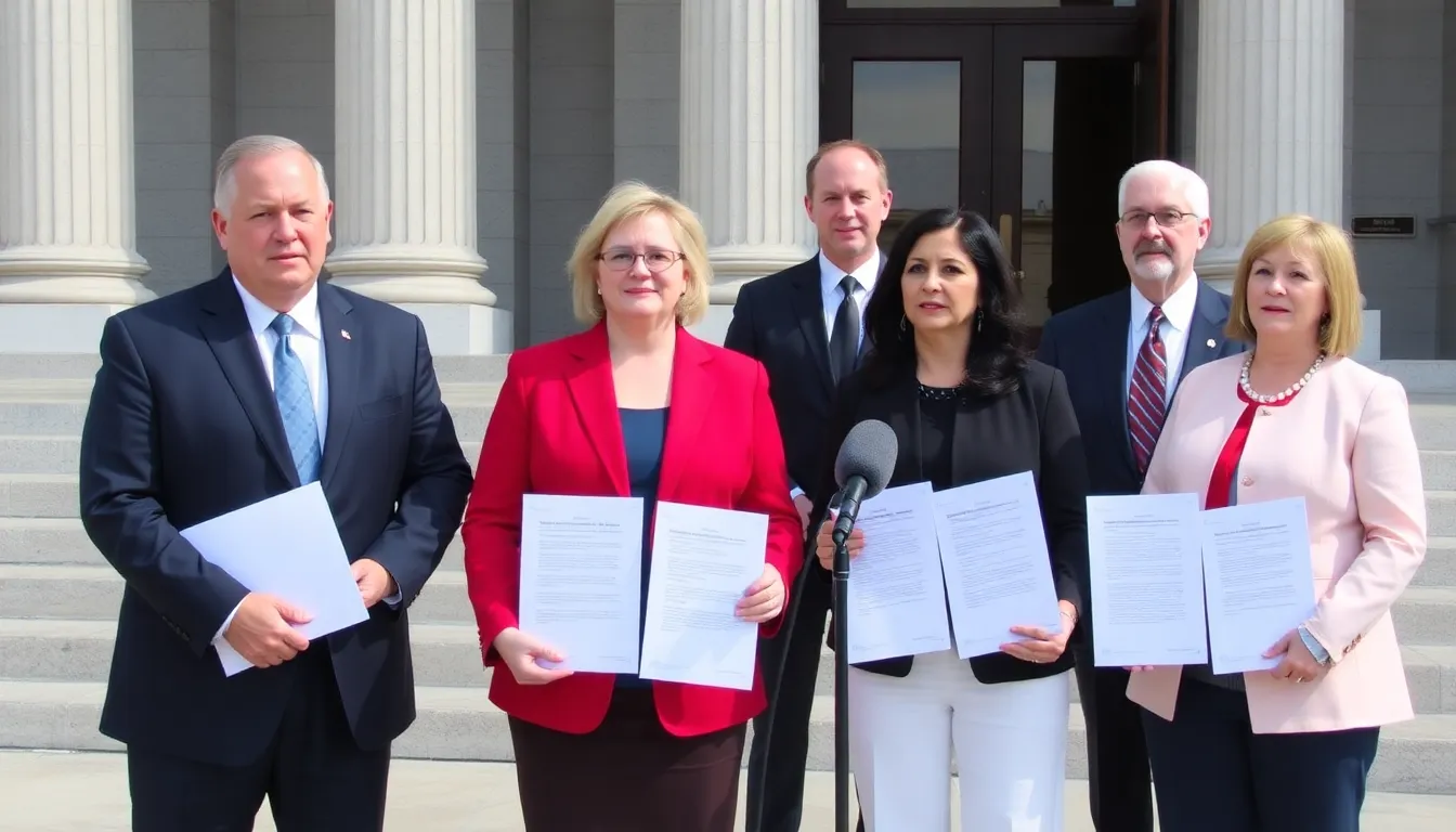 State officials from Texas, Florida, Indiana, and Utah gather outside a courthouse to announce their lawsuit against the federal administration over the loss of public health funding.