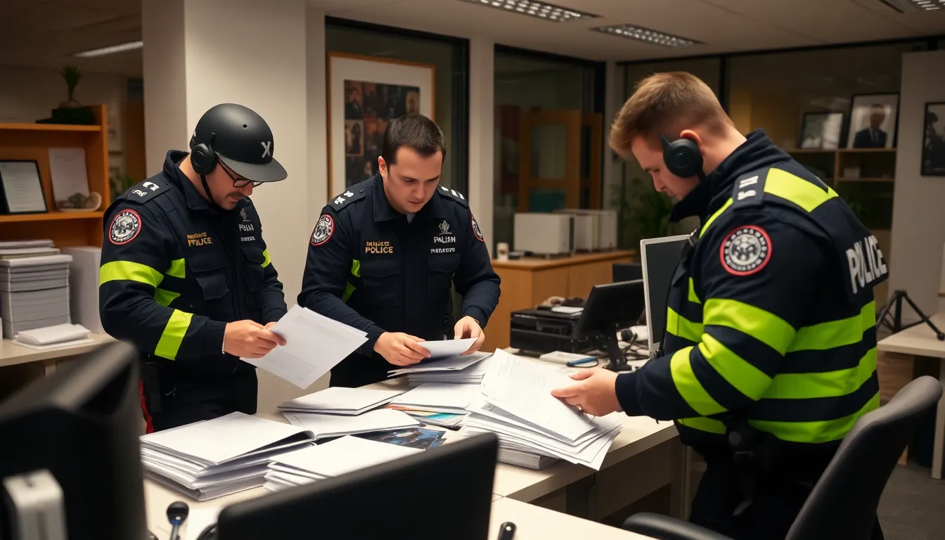 French police officers conduct a raid on the offices of X, with officials examining documents and equipment as part of a crackdown on misinformation and online hate speech.
