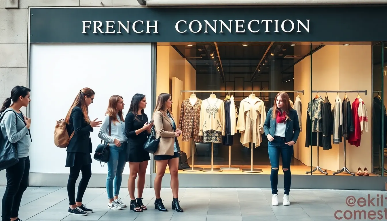 A group of fashion influencers engaging with the latest FCUK products, highlighting the brand's efforts to reconnect with modern consumers through social media and trendsetting