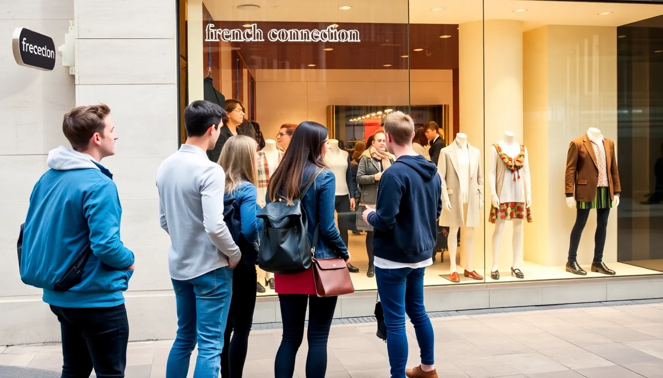 A group of young adults wearing trendy outfits stands outside a French Connection store, examining the latest collection displayed in the window.