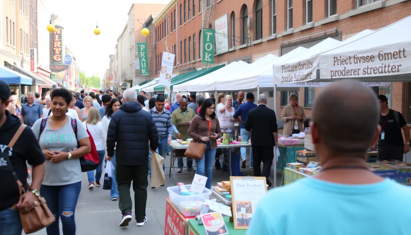 A bustling high street is filled with shoppers and local vendors during a community event aimed at revitalizing the area.