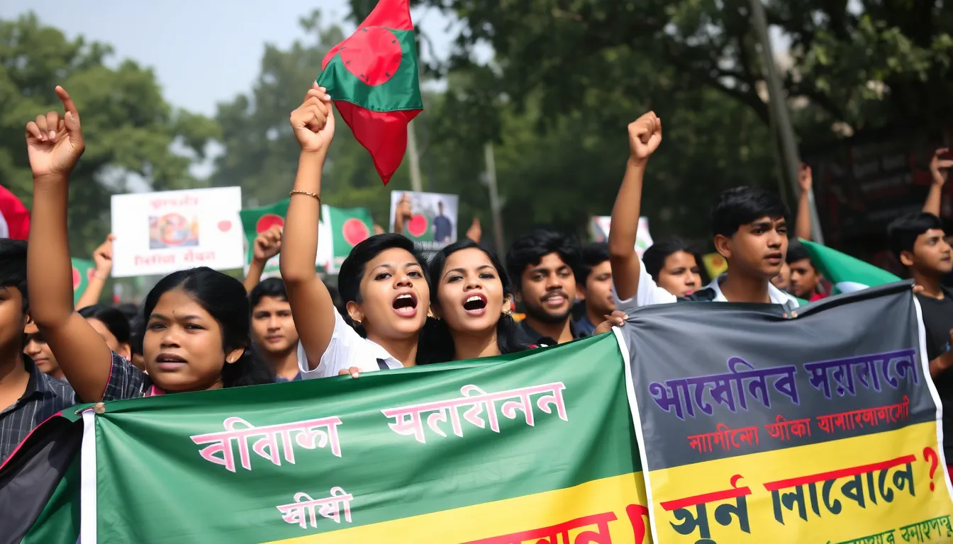 Young protesters gather in Dhaka, holding banners and chanting slogans, as they demand political reform and greater transparency ahead of the upcoming national elections in Bangladesh.