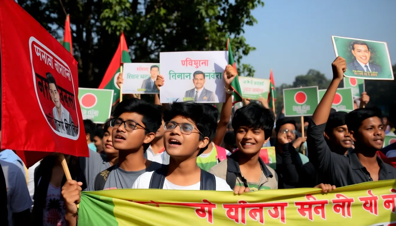 A diverse group of Generation Z voters discussing their hopes for the upcoming elections in Bangladesh