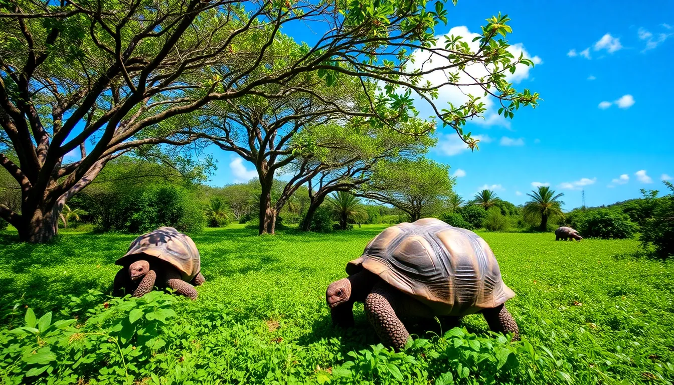 Giant tortoises roam the lush landscape of Floreana Island, marking their historic return after nearly 200 years of absence.