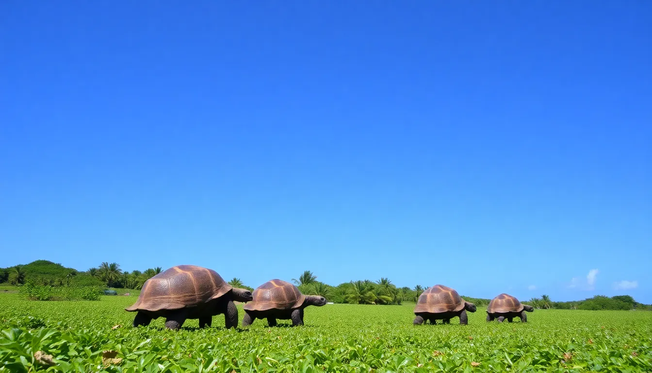 A lush landscape of the Galápagos, showcasing the revitalized vegetation thanks to the return of giant tortoises which help maintain the ecosystem
