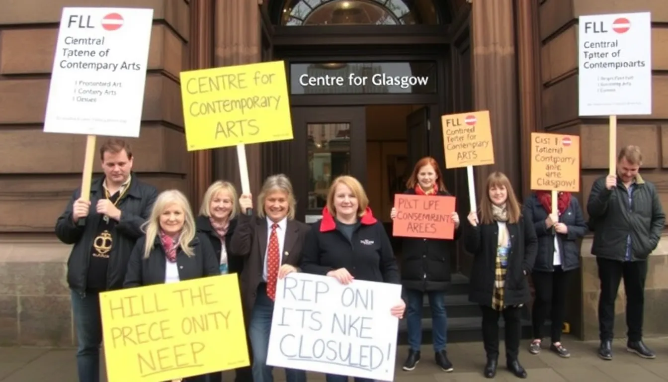 A group of concerned artists and community members gather outside the Centre for Contemporary Arts in Glasgow, holding signs to protest its impending permanent closure.